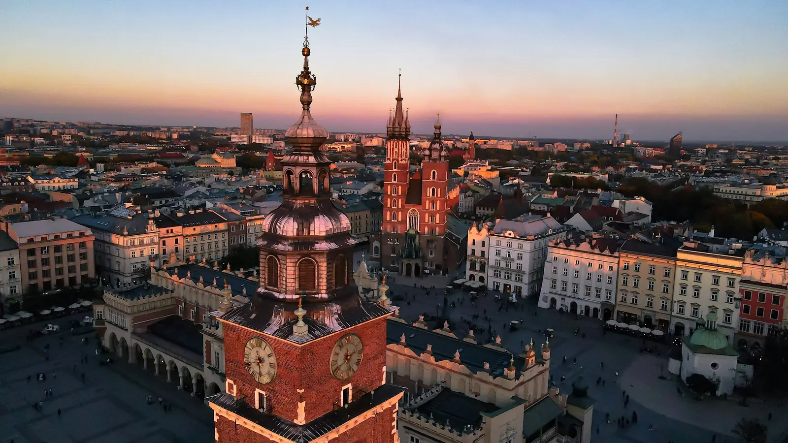 Historic city centre in Poland at sunset